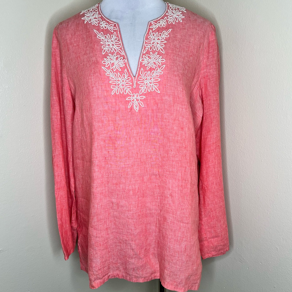 Lands' End Linen Tunic Top Medium Womens Pink Woven Beaded V-Neck Lagenlook Chic